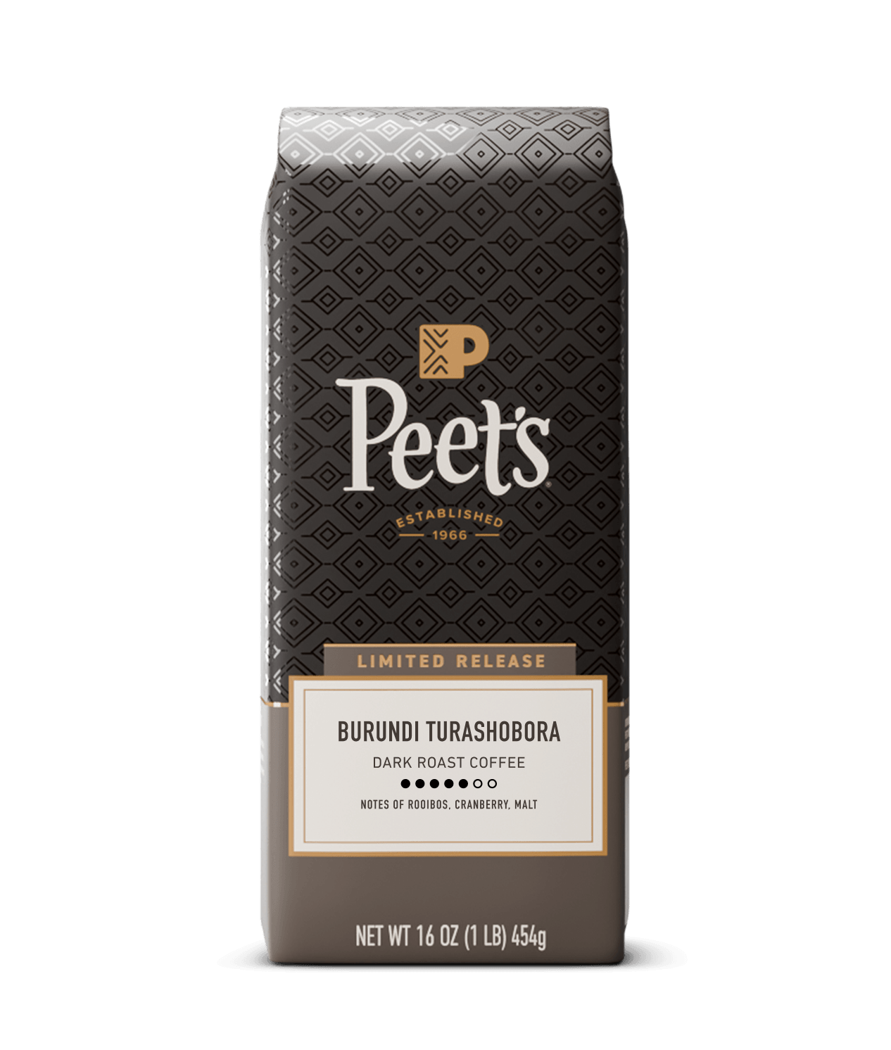 Peets Burundi Turashobora dark roast coffee in a 16 oz bag, featuring a dark brown patterned design with gold and white text.